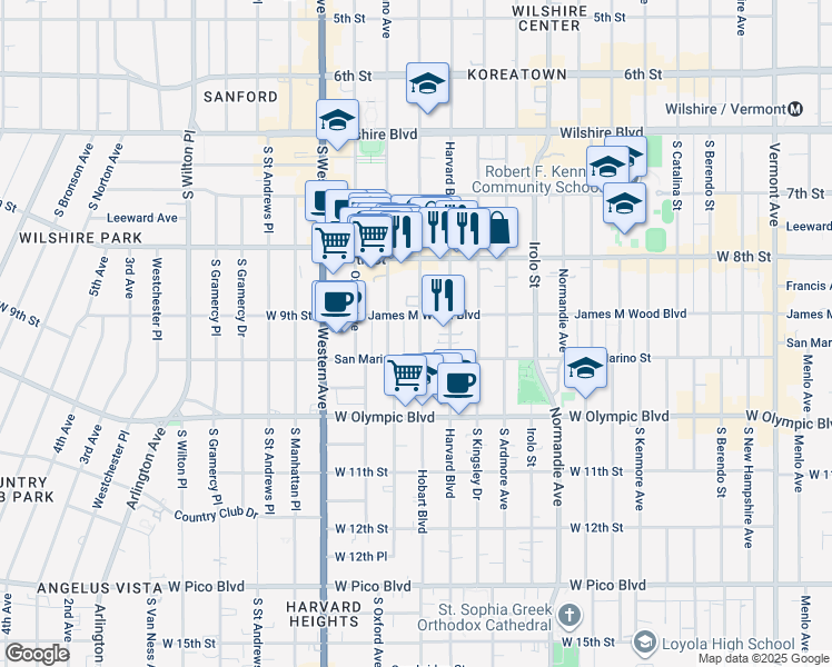map of restaurants, bars, coffee shops, grocery stores, and more near 858 South Hobart Boulevard in Los Angeles