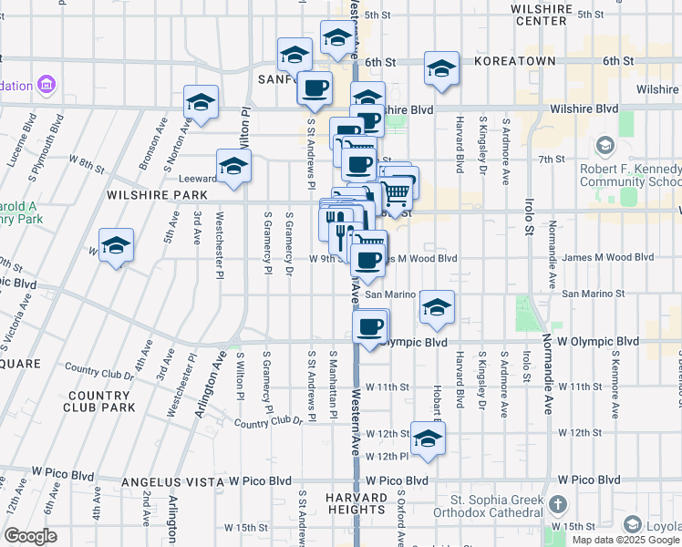 map of restaurants, bars, coffee shops, grocery stores, and more near 916 South Western Avenue in Los Angeles