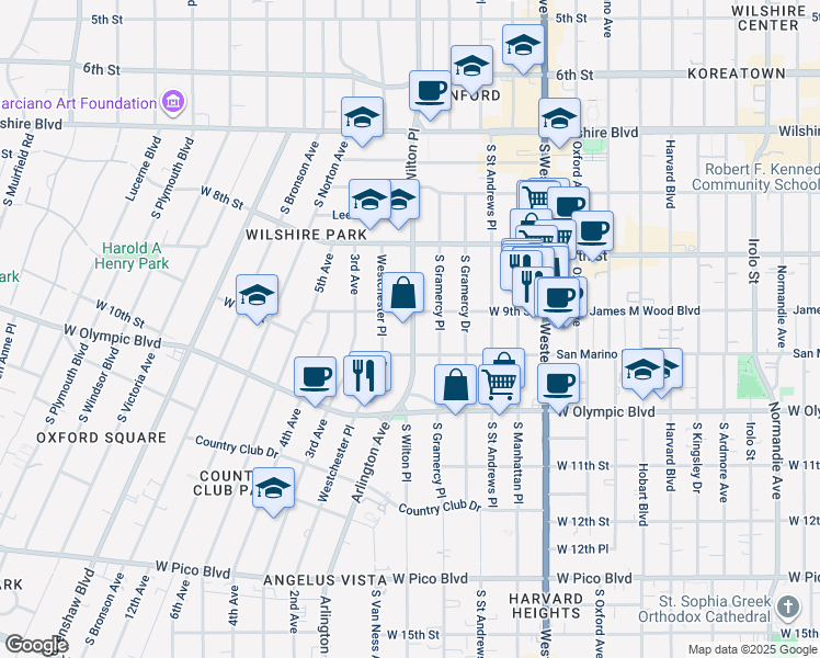 map of restaurants, bars, coffee shops, grocery stores, and more near 3789 West 9th Street in Los Angeles