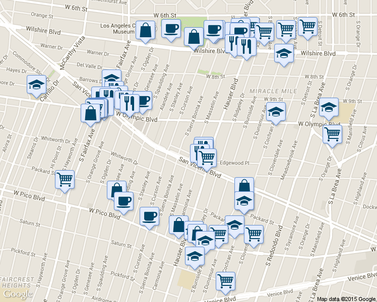 map of restaurants, bars, coffee shops, grocery stores, and more near 1053 Masselin Avenue in Los Angeles
