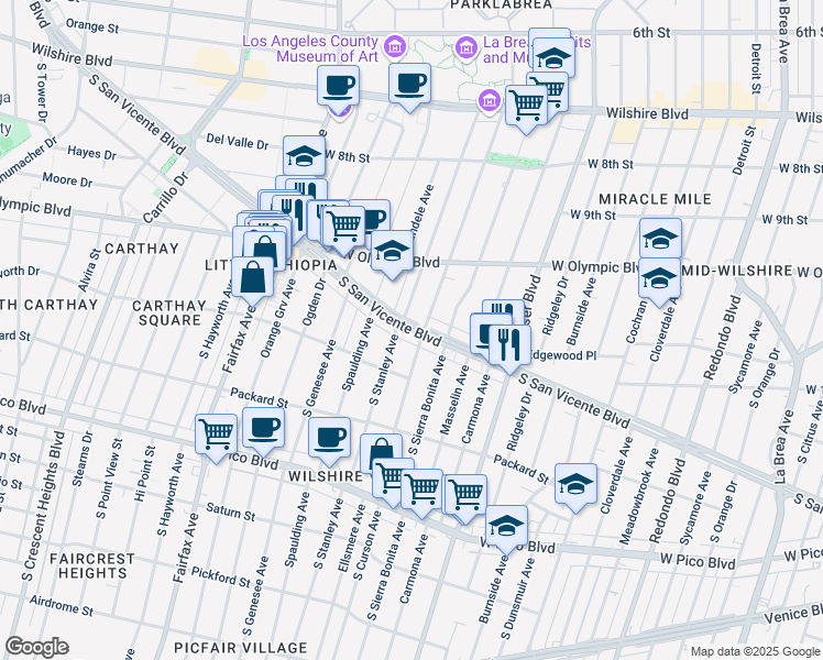 map of restaurants, bars, coffee shops, grocery stores, and more near 1053 South Stanley Avenue in Los Angeles