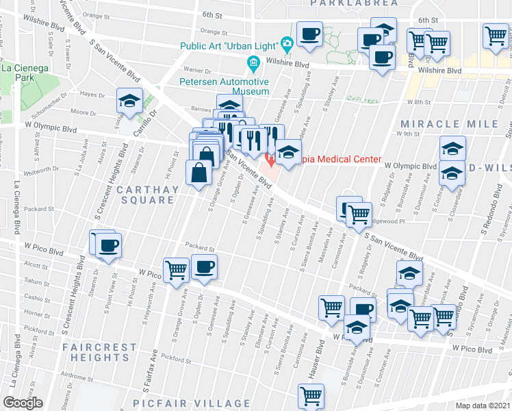 map of restaurants, bars, coffee shops, grocery stores, and more near 5906 San Vicente Boulevard in Los Angeles