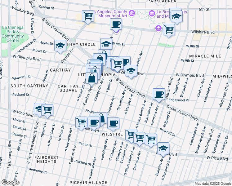 map of restaurants, bars, coffee shops, grocery stores, and more near 1058 South Ogden Drive in Los Angeles