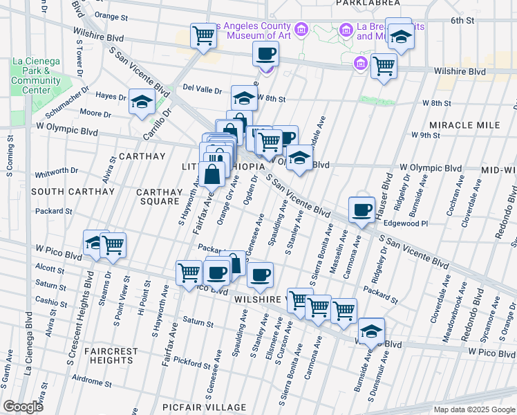 map of restaurants, bars, coffee shops, grocery stores, and more near 1058 South Ogden Drive in Los Angeles