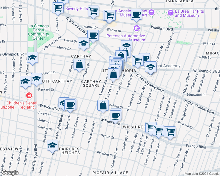 map of restaurants, bars, coffee shops, grocery stores, and more near 1077 South Fairfax Avenue in Los Angeles
