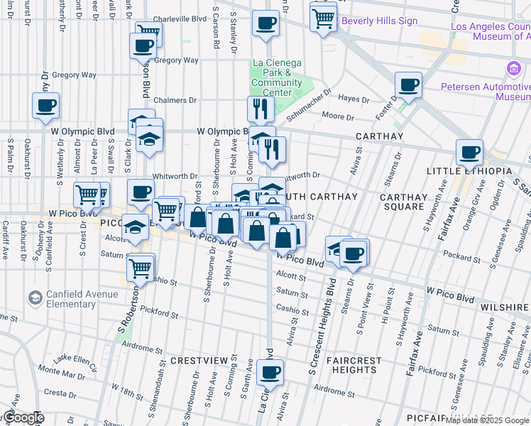 map of restaurants, bars, coffee shops, grocery stores, and more near 1138 South Corning Street in Los Angeles