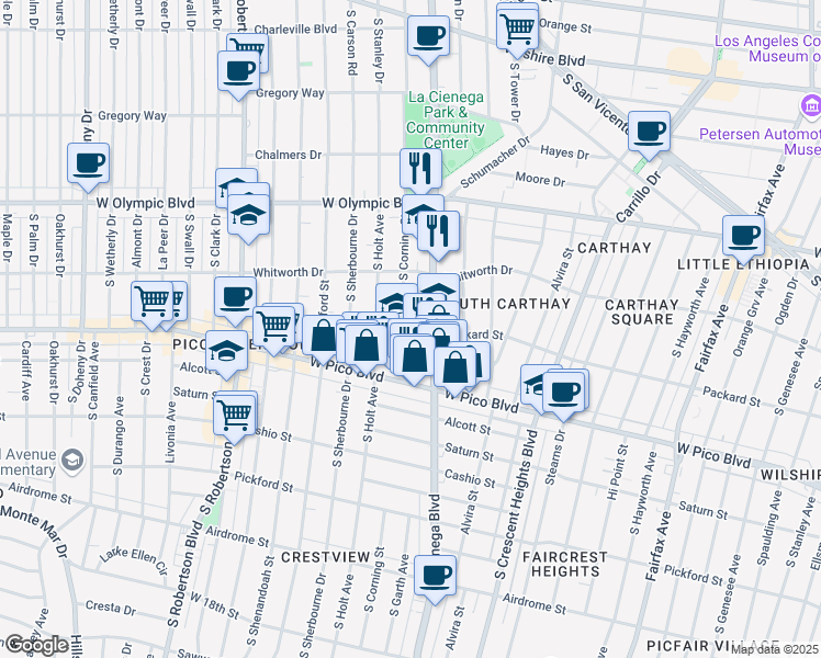 map of restaurants, bars, coffee shops, grocery stores, and more near 1138 South Corning Street in Los Angeles