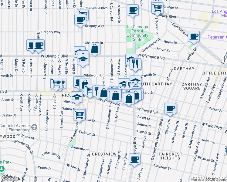 map of restaurants, bars, coffee shops, grocery stores, and more near 1139 South Holt Avenue in Los Angeles