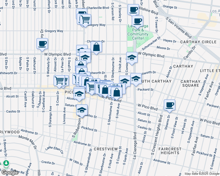 map of restaurants, bars, coffee shops, grocery stores, and more near in Los Angeles