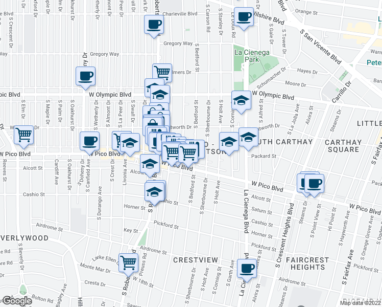 map of restaurants, bars, coffee shops, grocery stores, and more near 1142 South Shenandoah Street in Los Angeles