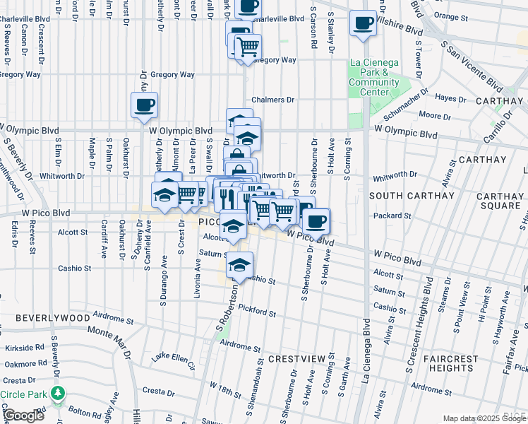 map of restaurants, bars, coffee shops, grocery stores, and more near 1137 South Wooster Street in Los Angeles