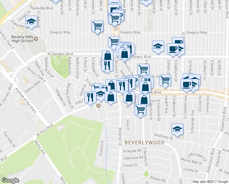 map of restaurants, bars, coffee shops, grocery stores, and more near 1199 South Rodeo Drive in Beverly Hills