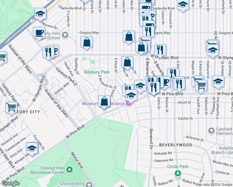 map of restaurants, bars, coffee shops, grocery stores, and more near 1201 South Roxbury Drive in Los Angeles