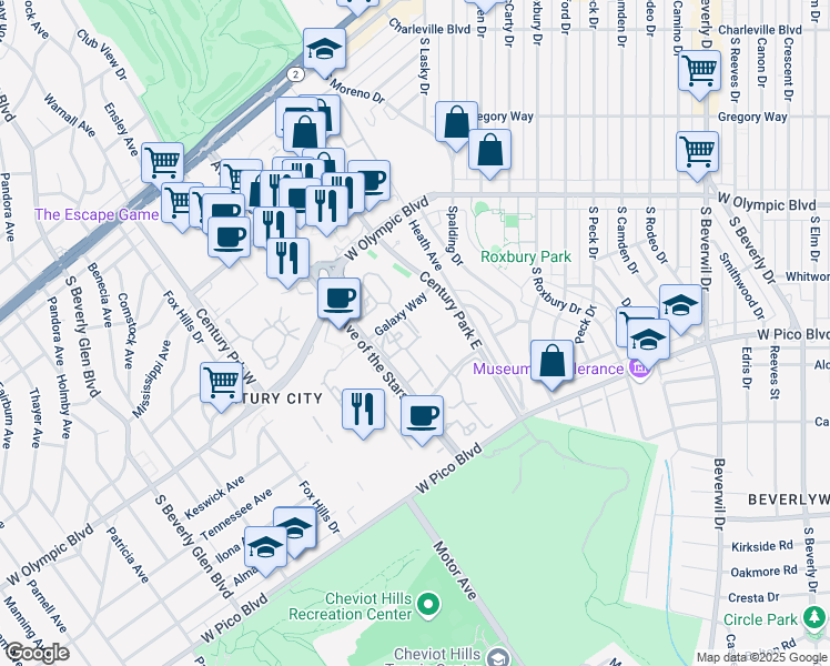 map of restaurants, bars, coffee shops, grocery stores, and more near 2220 Galaxy Way in Los Angeles