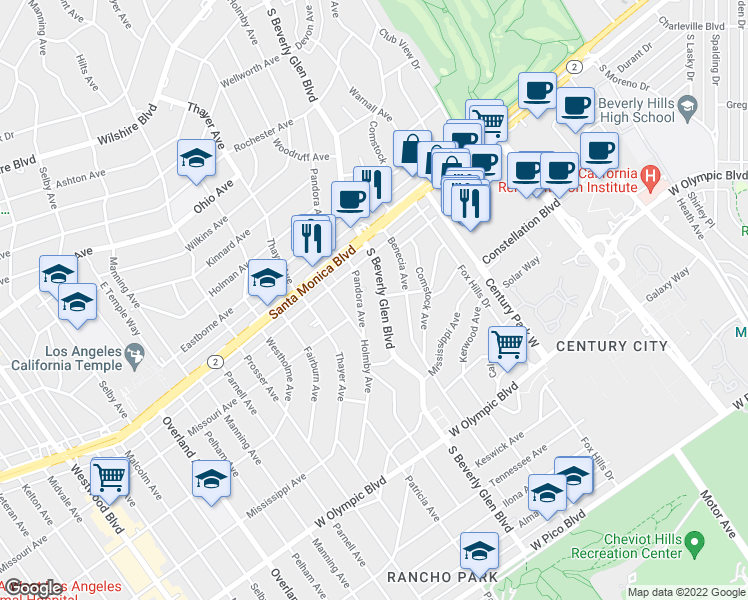 map of restaurants, bars, coffee shops, grocery stores, and more near 1851 South Beverly Glen Boulevard in Los Angeles