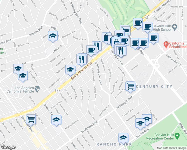 map of restaurants, bars, coffee shops, grocery stores, and more near 1851 South Beverly Glen Boulevard in Los Angeles
