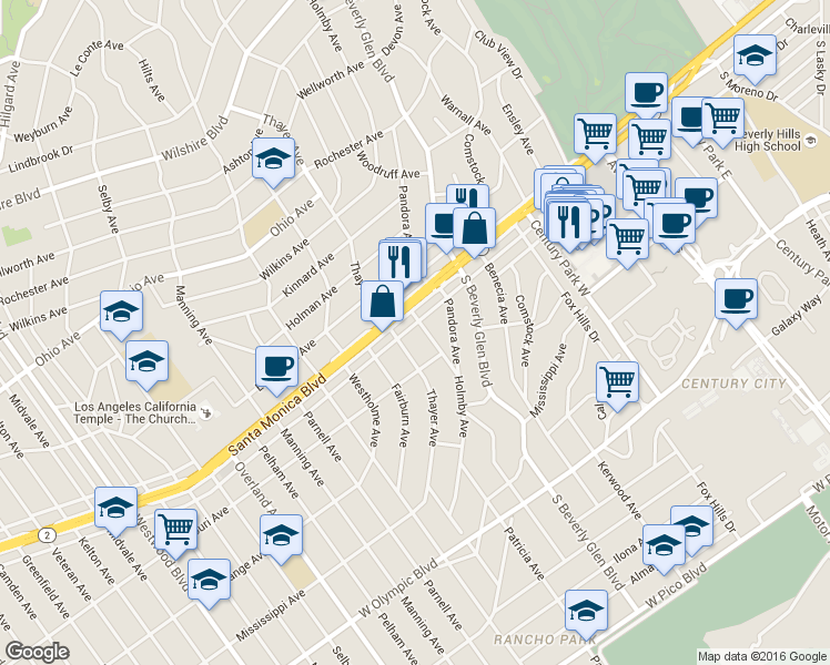 map of restaurants, bars, coffee shops, grocery stores, and more near 10456 Santa Monica Boulevard in Los Angeles