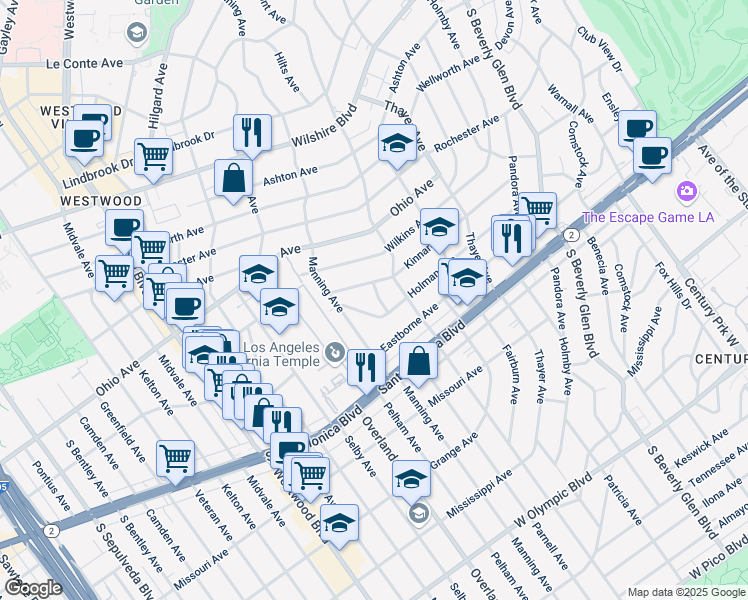 map of restaurants, bars, coffee shops, grocery stores, and more near 10633 Kinnard Avenue in Los Angeles
