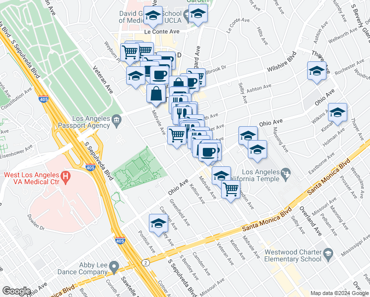 map of restaurants, bars, coffee shops, grocery stores, and more near 10911 Rochester Avenue in Los Angeles
