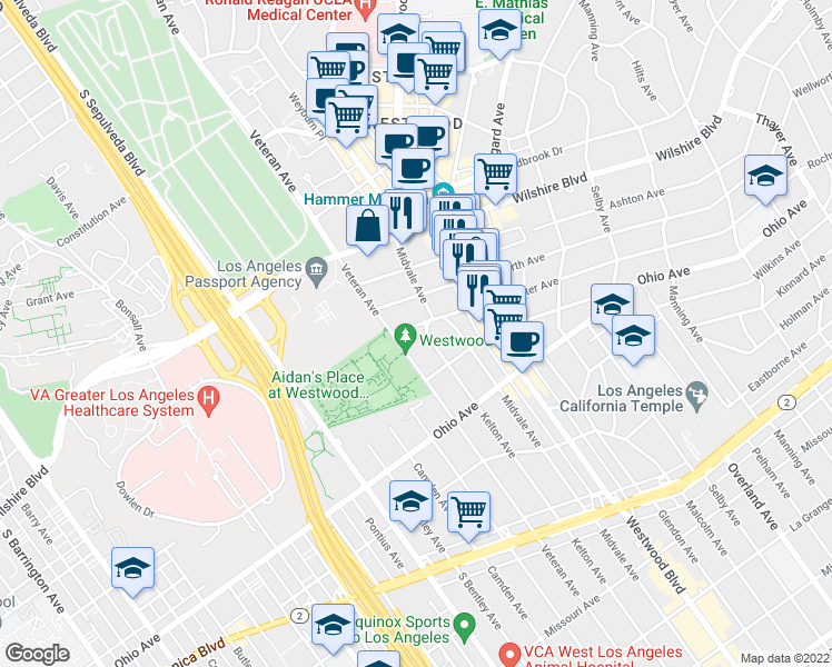 map of restaurants, bars, coffee shops, grocery stores, and more near 10957 Rochester Avenue in Los Angeles