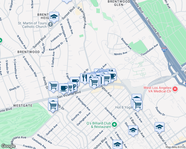 map of restaurants, bars, coffee shops, grocery stores, and more near 708 South Barrington Avenue in Los Angeles