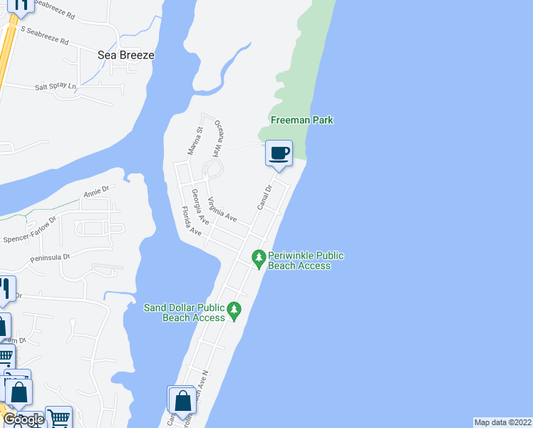 map of restaurants, bars, coffee shops, grocery stores, and more near 1702 Canal Drive in Carolina Beach