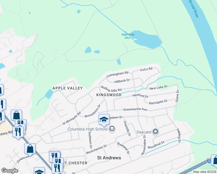 map of restaurants, bars, coffee shops, grocery stores, and more near 2201 Hillbeck Drive in Columbia
