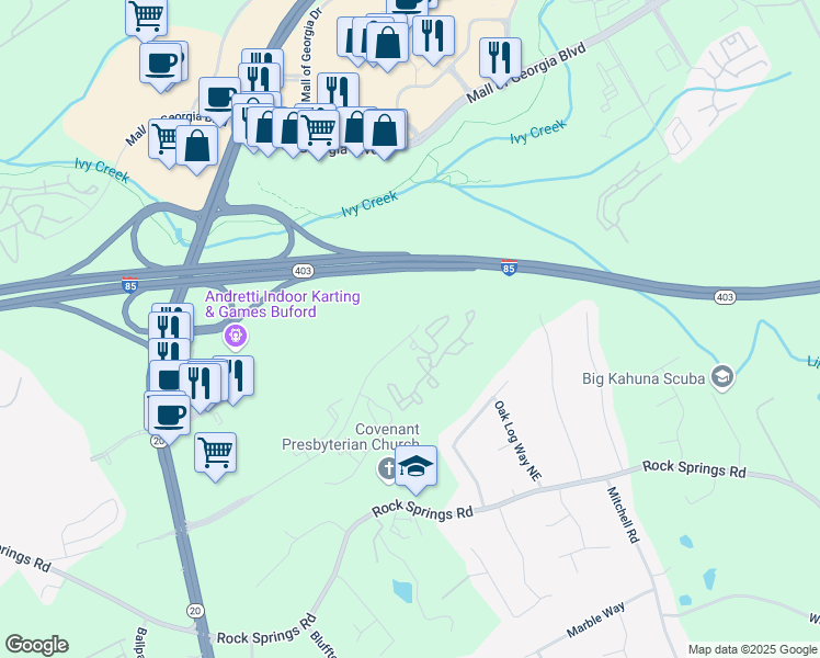 map of restaurants, bars, coffee shops, grocery stores, and more near 1500 Laurel Crossing Parkway Northeast in Buford