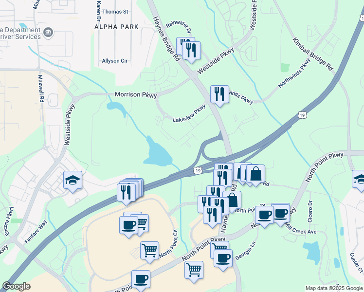 map of restaurants, bars, coffee shops, grocery stores, and more near 2052 Lanier Grove in Alpharetta