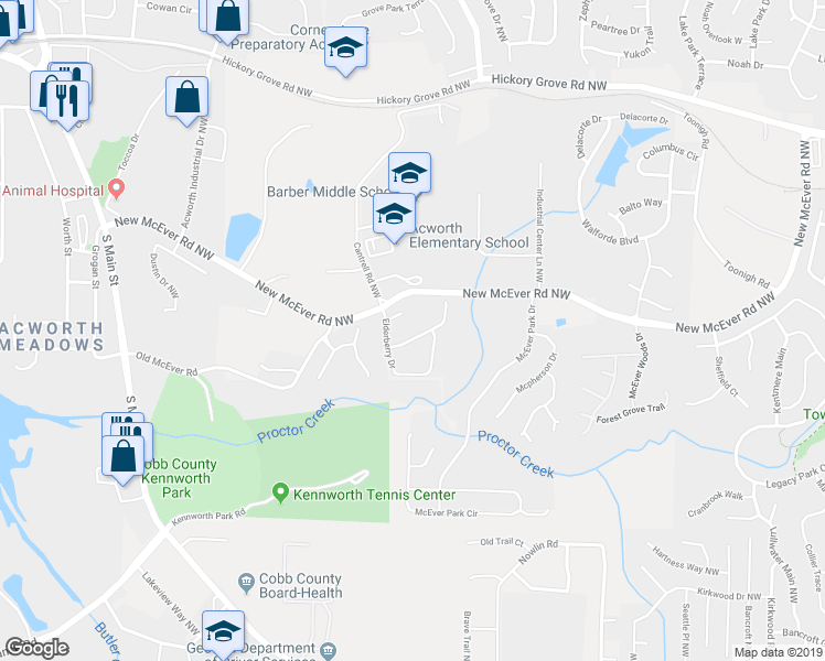 map of restaurants, bars, coffee shops, grocery stores, and more near 3918 Spearmint Lane Northwest in Acworth