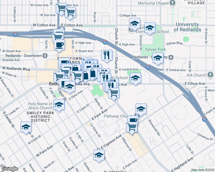 map of restaurants, bars, coffee shops, grocery stores, and more near 605 East Redlands Boulevard in Redlands