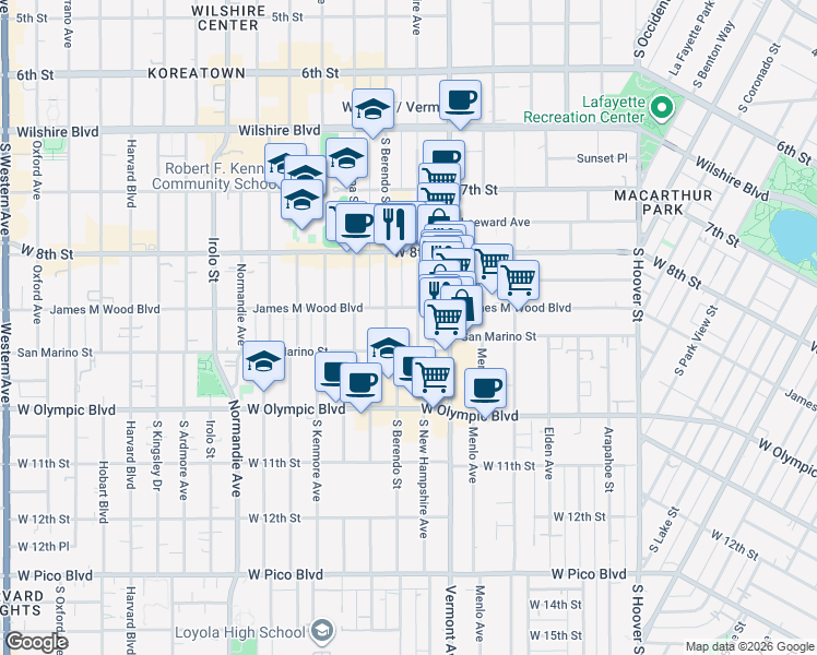 map of restaurants, bars, coffee shops, grocery stores, and more near 917 South New Hampshire Avenue in Los Angeles