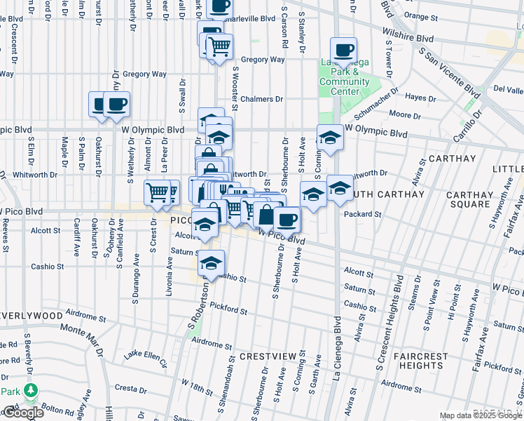 map of restaurants, bars, coffee shops, grocery stores, and more near 1215 South Bedford Street in Los Angeles