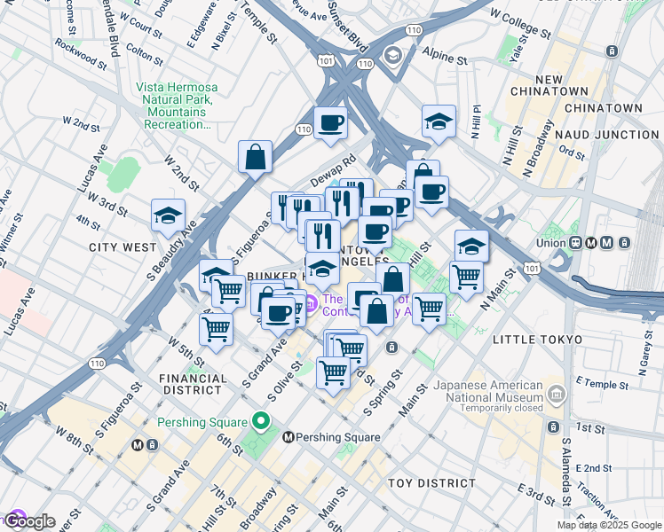 map of restaurants, bars, coffee shops, grocery stores, and more near 111 South Grand Avenue in Los Angeles
