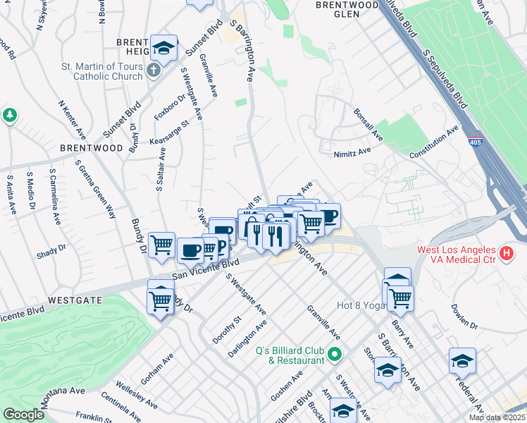 map of restaurants, bars, coffee shops, grocery stores, and more near 725 South Barrington Avenue in Los Angeles