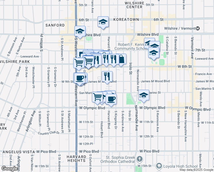 map of restaurants, bars, coffee shops, grocery stores, and more near 919 South Harvard Boulevard in Los Angeles