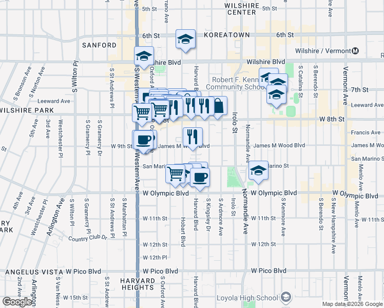 map of restaurants, bars, coffee shops, grocery stores, and more near 919 South Harvard Boulevard in Los Angeles