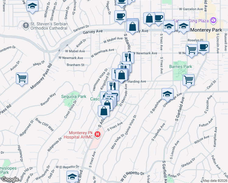 map of restaurants, bars, coffee shops, grocery stores, and more near 533 South Atlantic Boulevard in Monterey Park