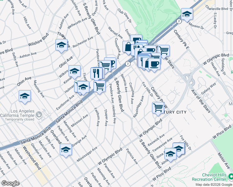 map of restaurants, bars, coffee shops, grocery stores, and more near 1875 South Beverly Glen Boulevard in Los Angeles