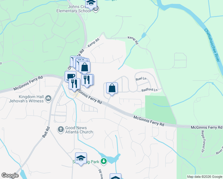 map of restaurants, bars, coffee shops, grocery stores, and more near 8130 Lockslay Way in Suwanee