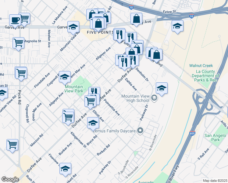 map of restaurants, bars, coffee shops, grocery stores, and more near 2806 Durfee Avenue in El Monte