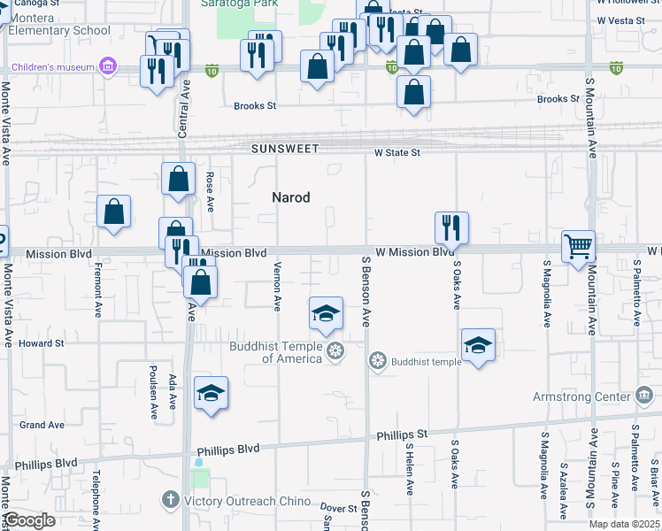 map of restaurants, bars, coffee shops, grocery stores, and more near 5611 Mission Boulevard in Ontario
