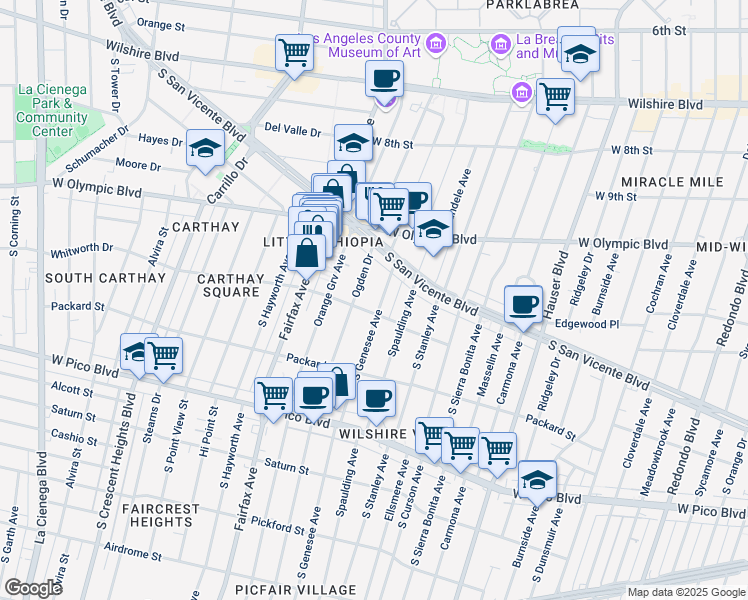 map of restaurants, bars, coffee shops, grocery stores, and more near 1058 South Ogden Drive in Los Angeles