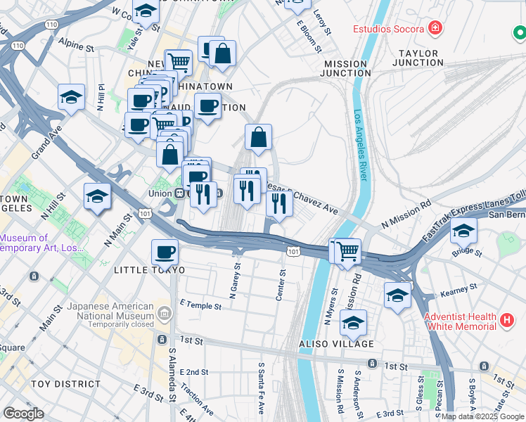 map of restaurants, bars, coffee shops, grocery stores, and more near 801 North Vignes Street in Los Angeles