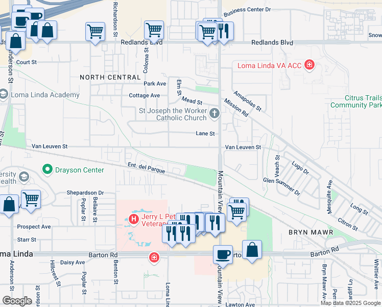 map of restaurants, bars, coffee shops, grocery stores, and more near 25585 Van Leuven Street in Loma Linda