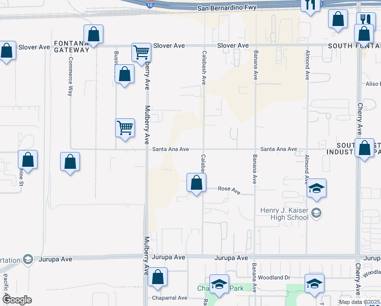 map of restaurants, bars, coffee shops, grocery stores, and more near 13851 Santa Ana Avenue in Fontana