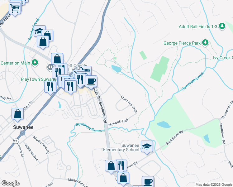 map of restaurants, bars, coffee shops, grocery stores, and more near 3857 Cherokee Trail in Suwanee