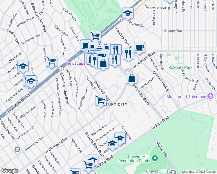 map of restaurants, bars, coffee shops, grocery stores, and more near 10275 Century Woods Drive in Los Angeles