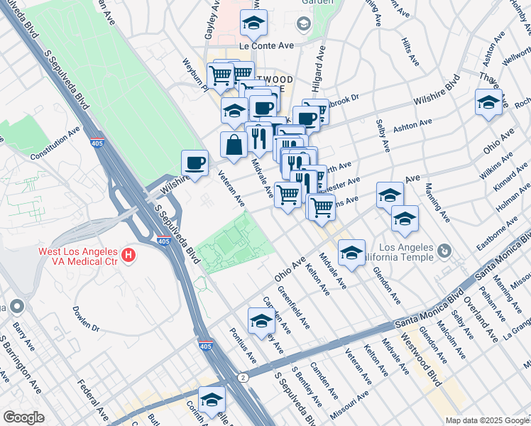 map of restaurants, bars, coffee shops, grocery stores, and more near 10966 Rochester Avenue in Los Angeles