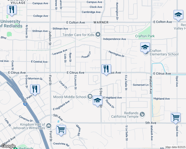 map of restaurants, bars, coffee shops, grocery stores, and more near 1584 Christopher Lane in Redlands